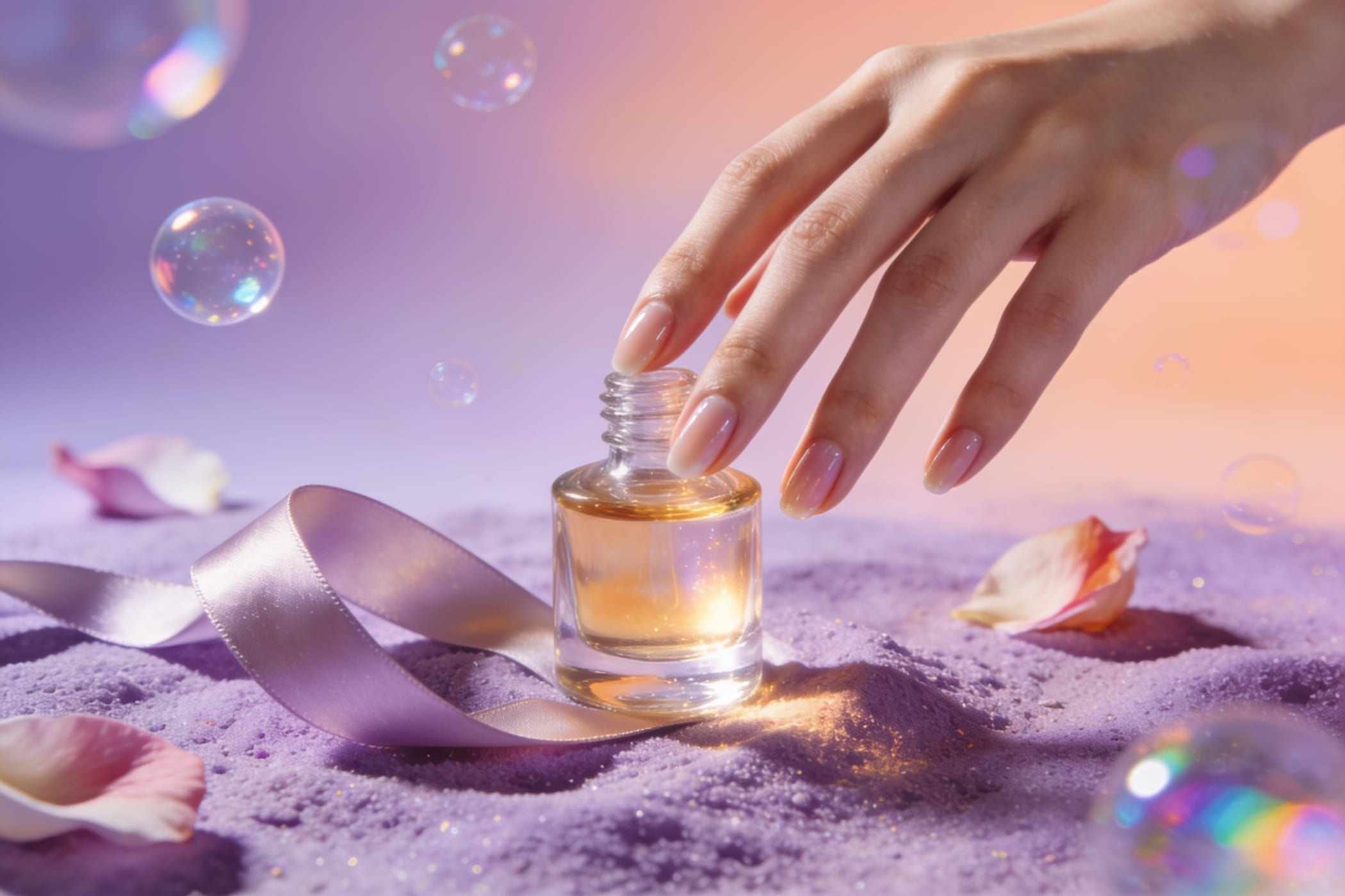 A small bottle of cuticle oil with a dropper beside glossy nails on a linen towel.