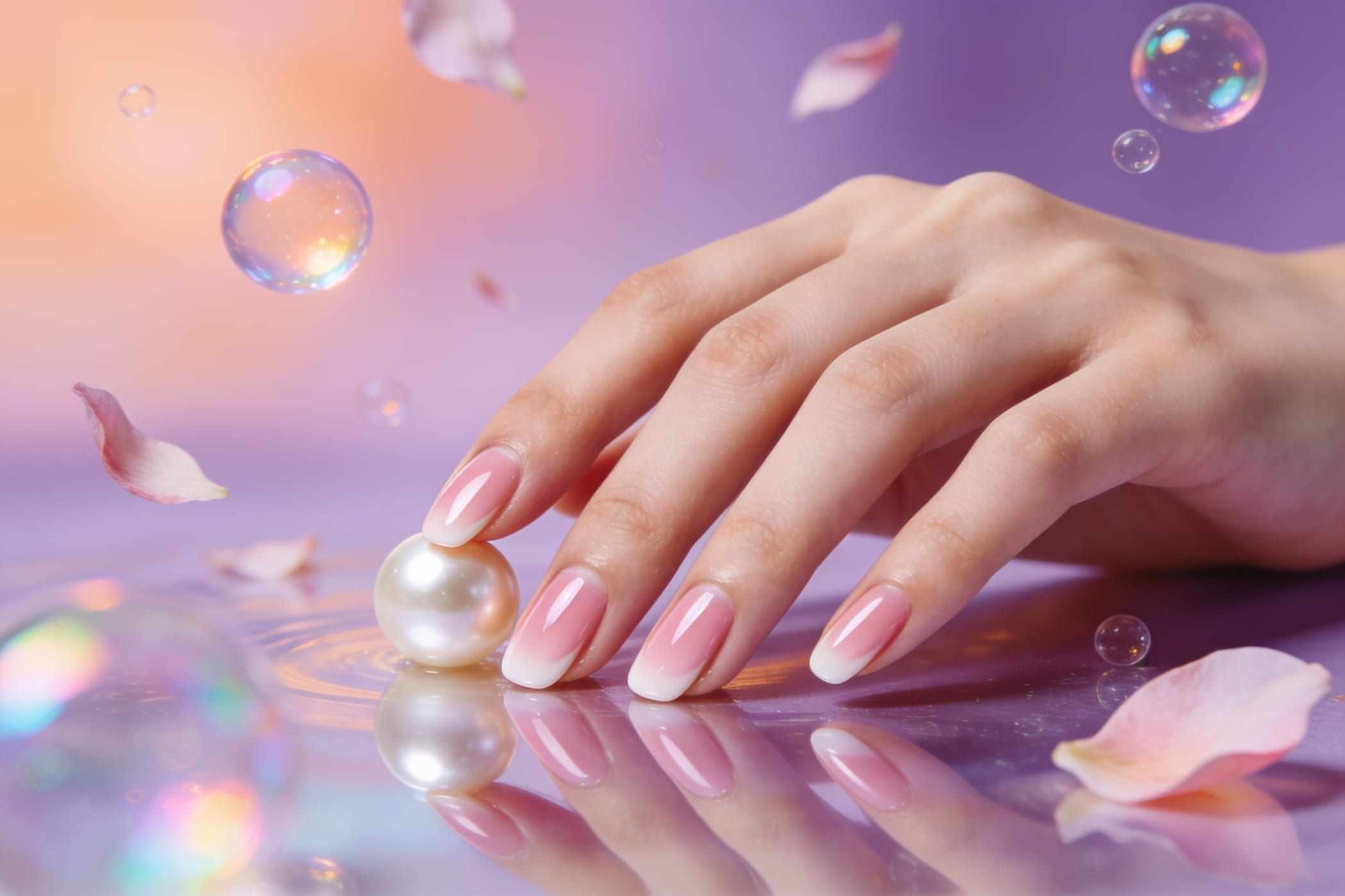 Milky pink BIAB nails with a soft almond shape held against a cream knit sleeve.