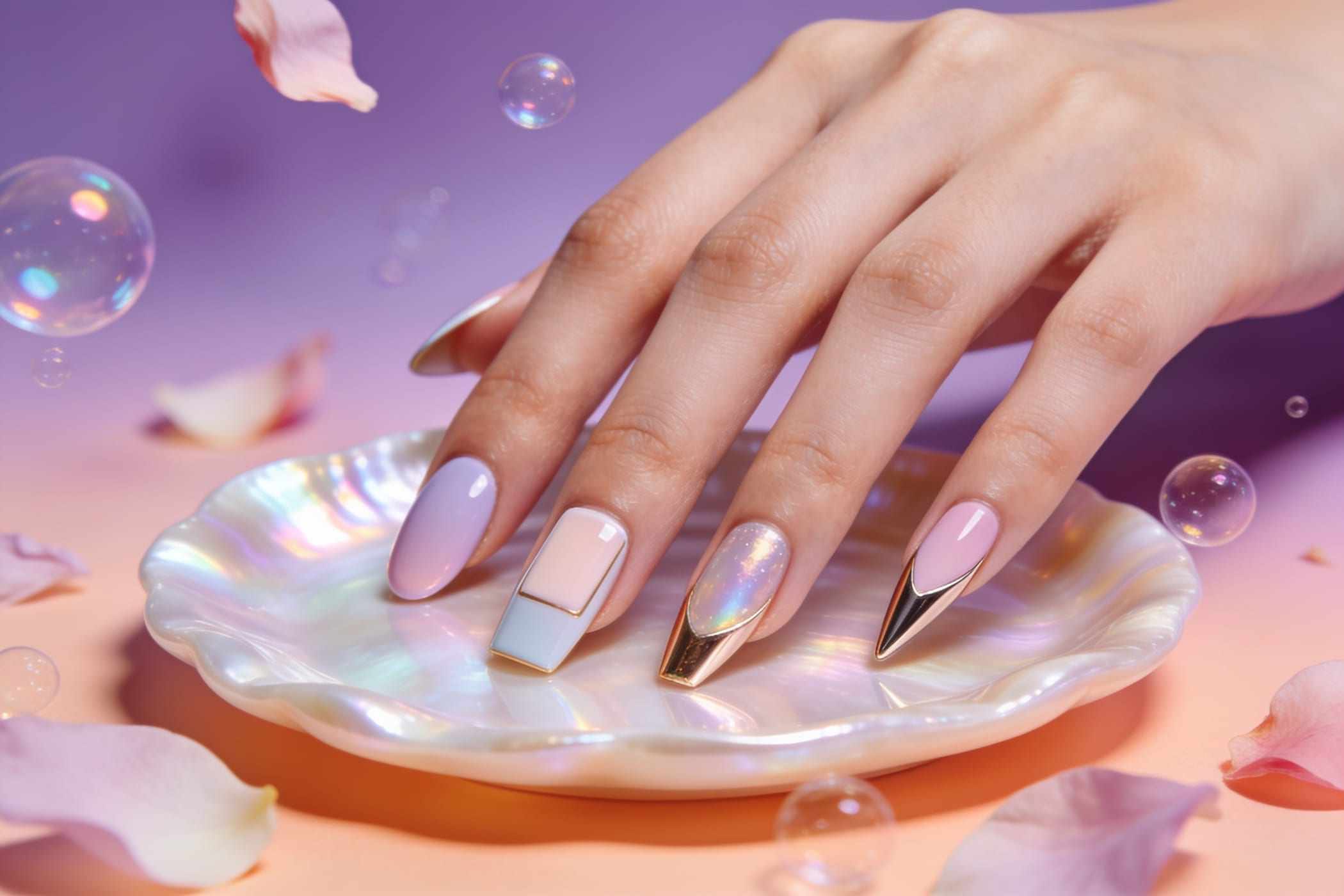 Five nail tips on a lilac tray, each filed into a different shape.