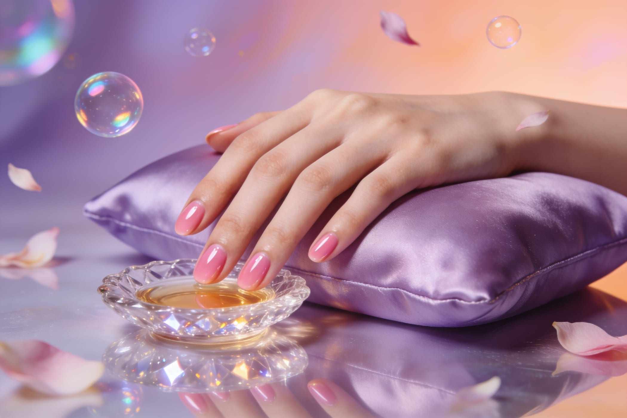 A manicurist painting soft peach polish onto short round nails.
