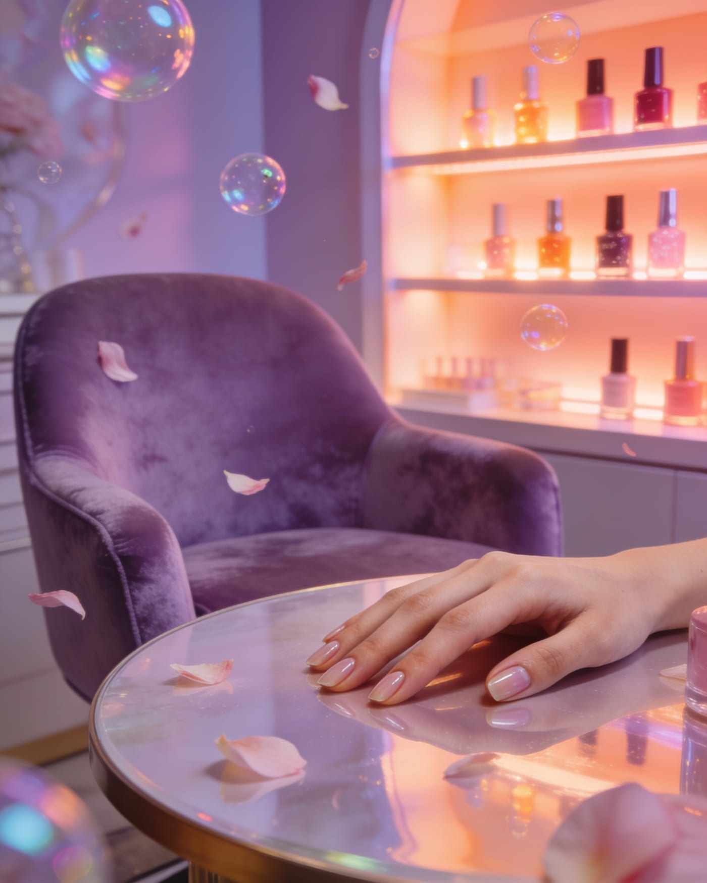 A lilac velvet chair and a glass table in the studio, a hand resting on it and shelves of glowing polish behind.