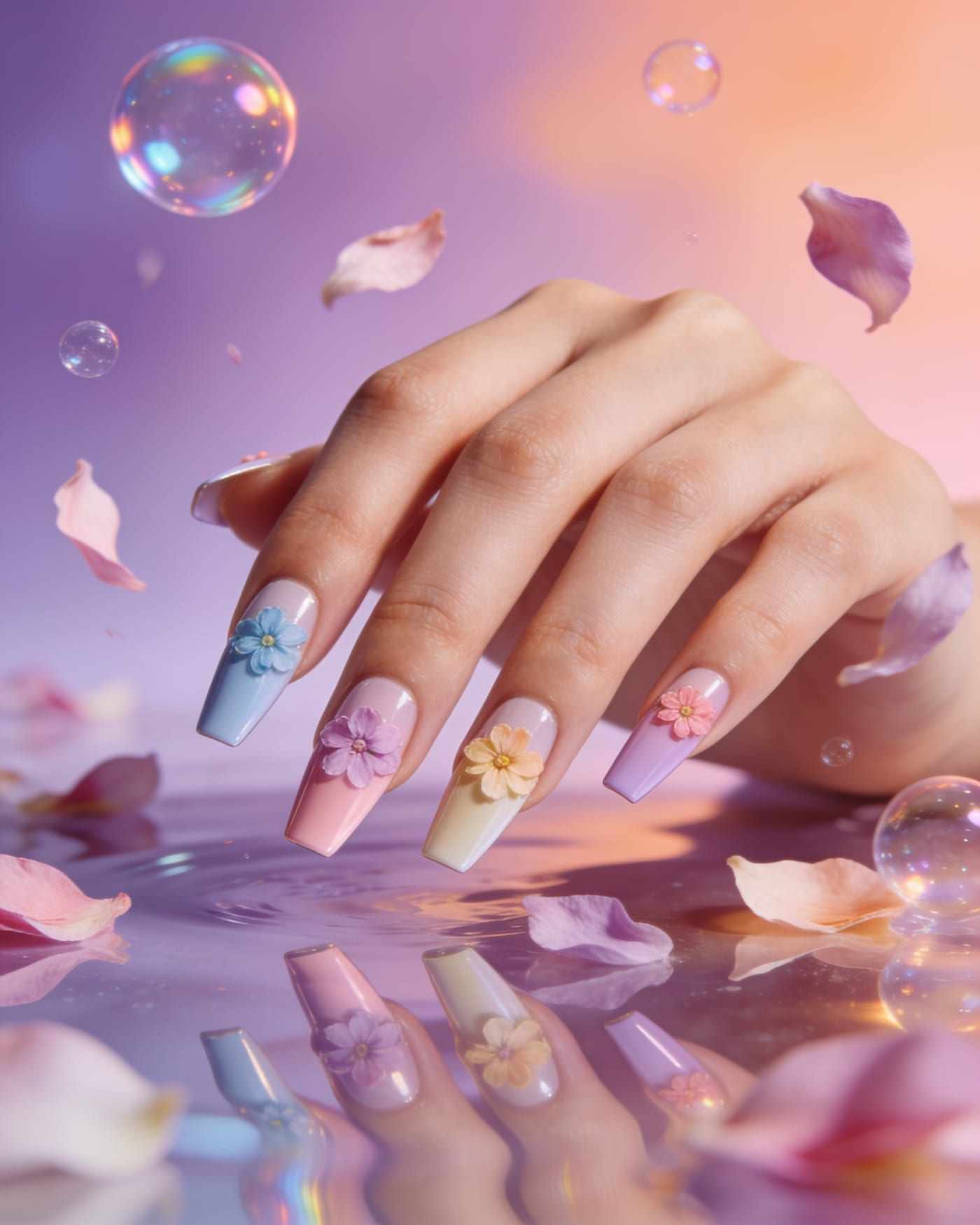 Long almond nails in pastel blue, lilac, peach and cream, each with a small raised flower, a hand trailing over water among petals.