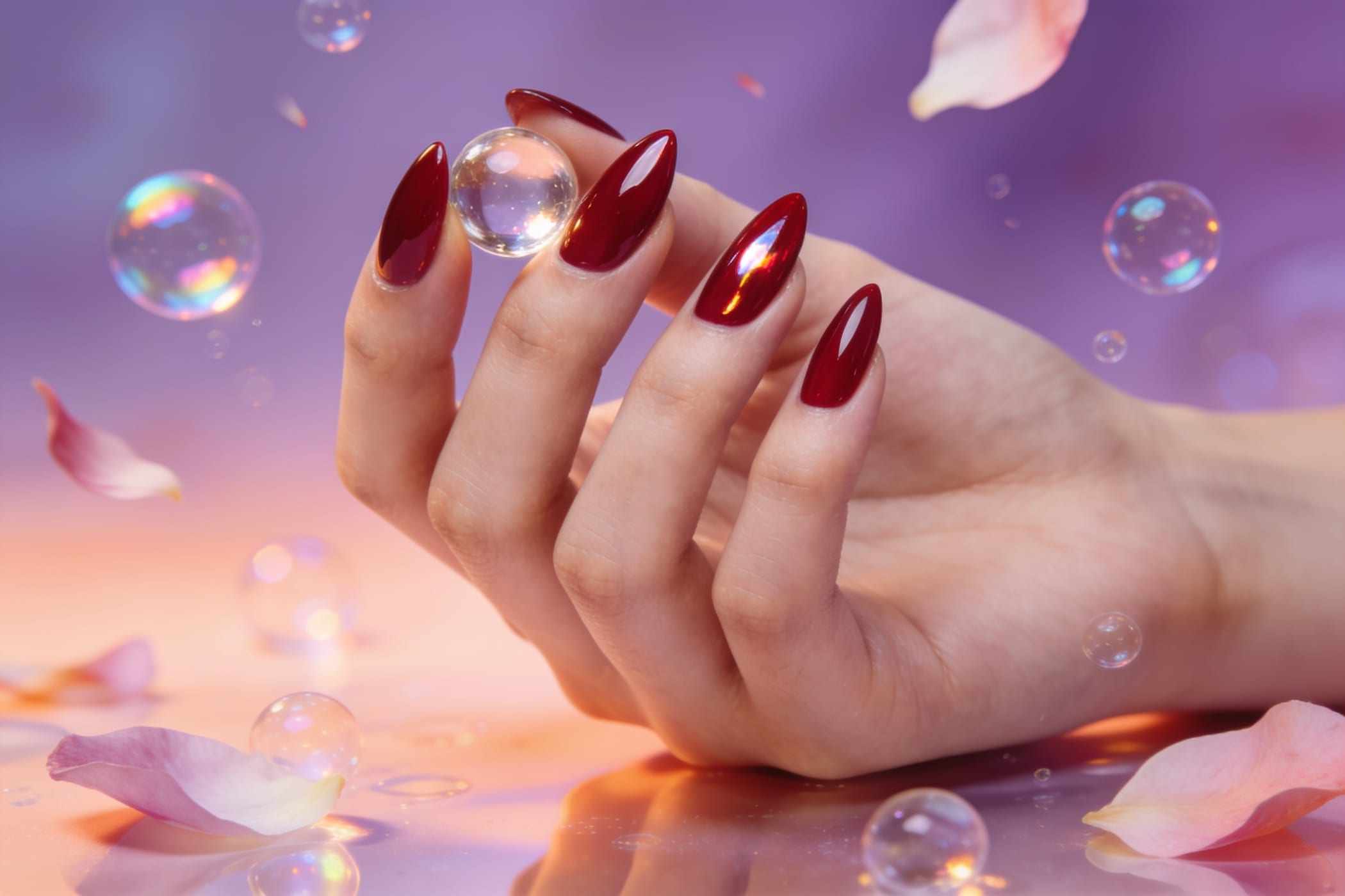 Glossy cherry red gel nails being cured under a small LED lamp.