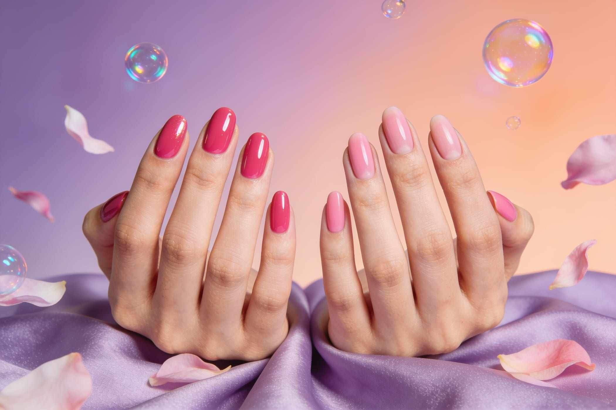 Two hands side by side, one with glossy red gel nails and one with sheer pink BIAB.