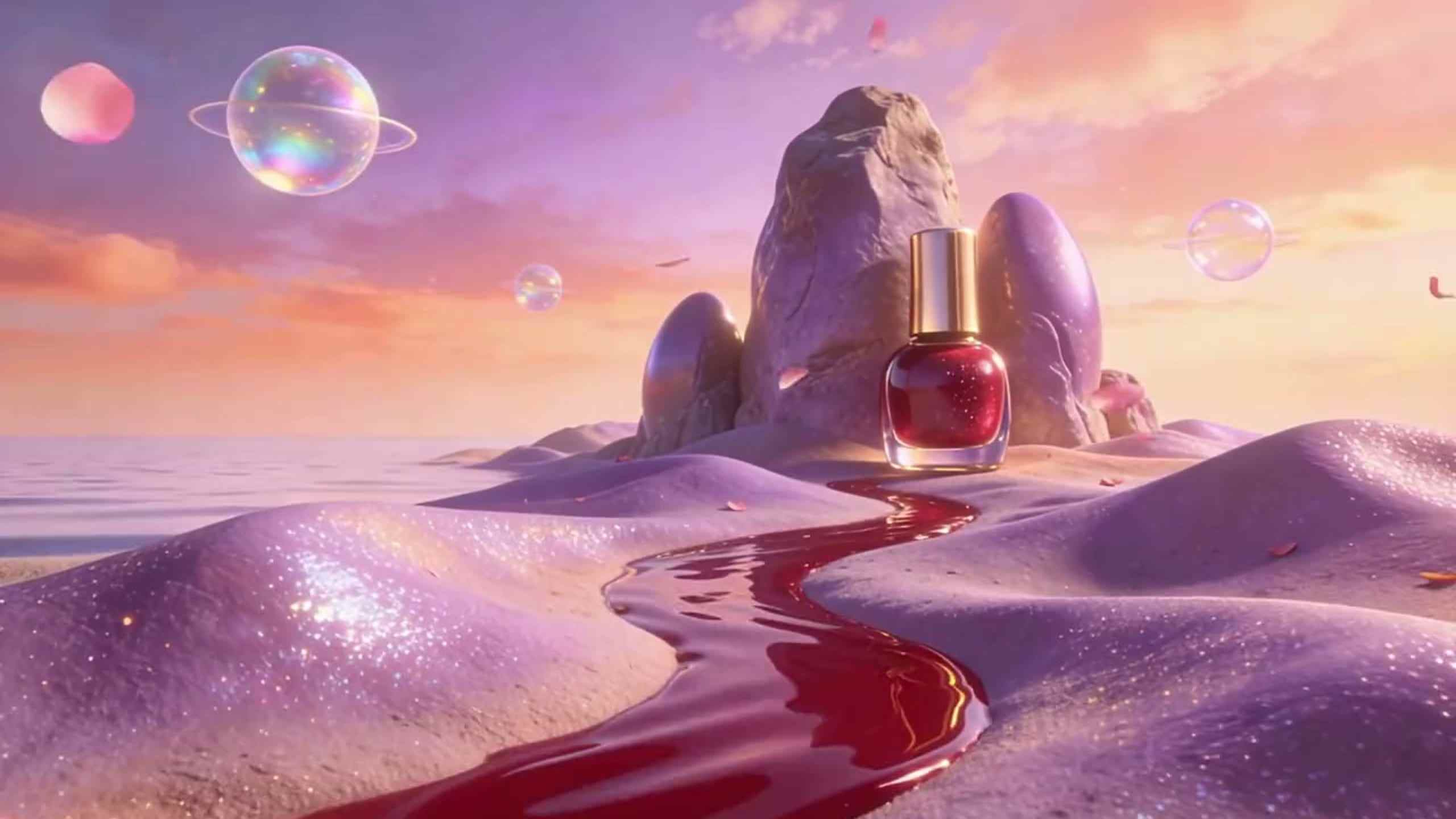A dreamlike landscape of lilac dunes at golden hour, with a glossy river of cherry lacquer flowing from a giant polish bottle under floating iridescent bubbles.
