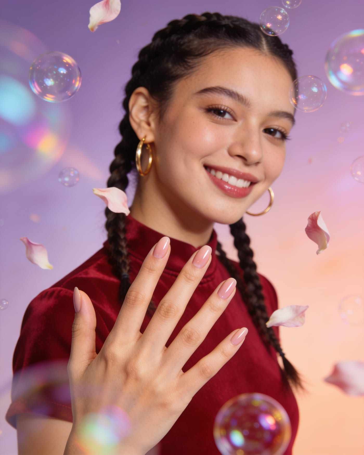 Jade, a smiling woman with long braids, gold hoop earrings and a cherry red top, showing her pale pink nails.