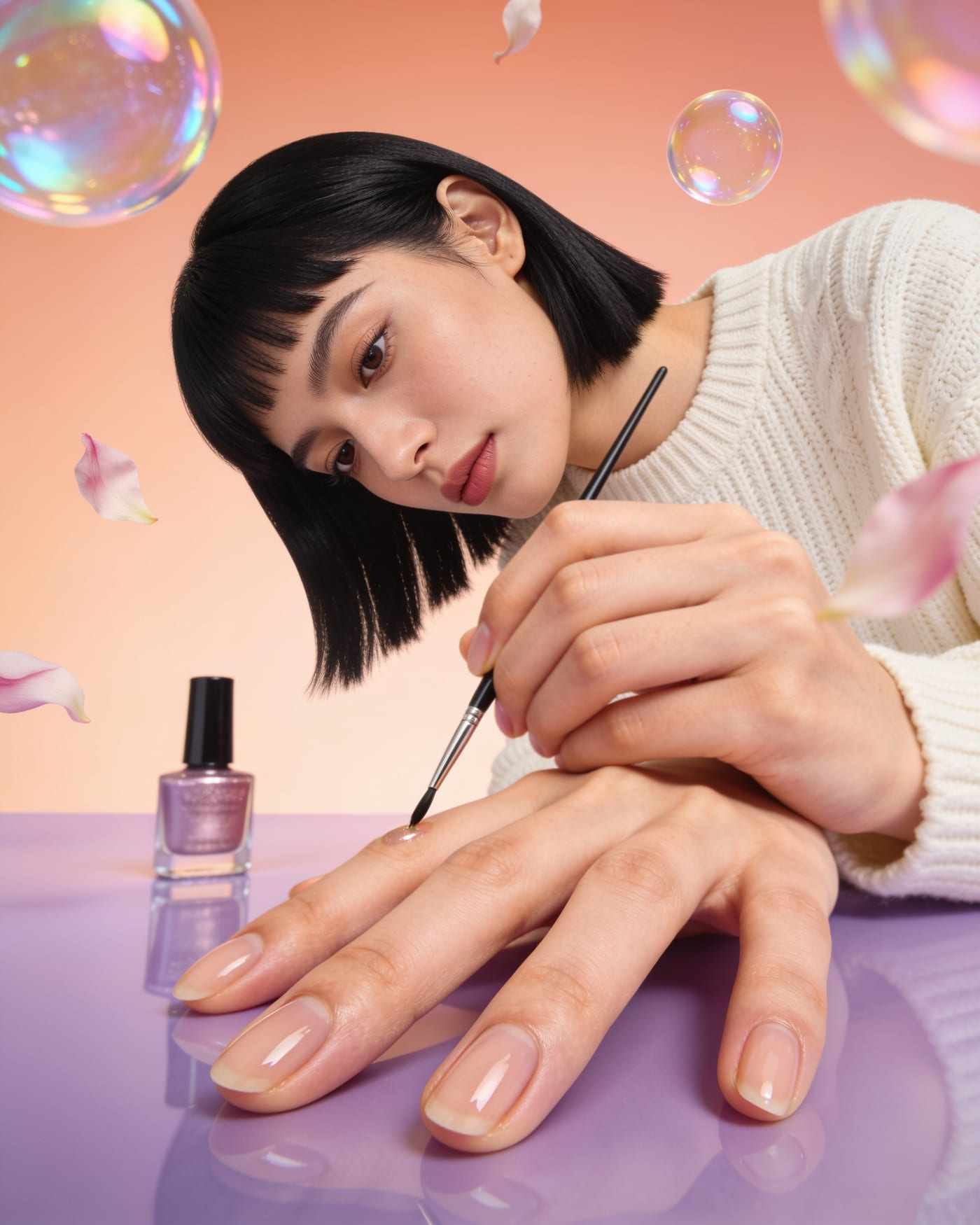 Lena, a woman with a short black bob and bangs, painting her own nails with a fine brush beside a bottle of lilac polish.