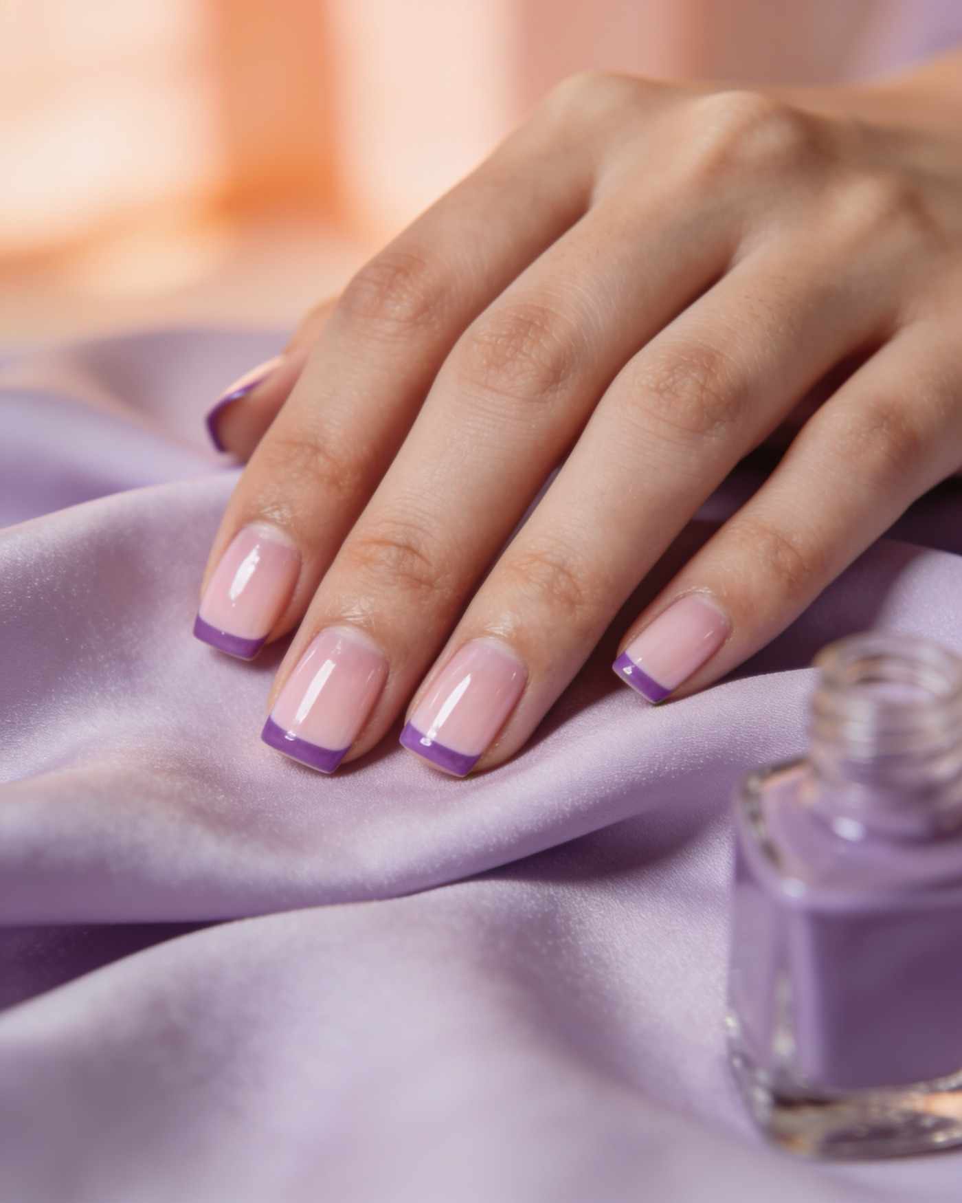 Short square nails with a milky base and thin lilac French tips.