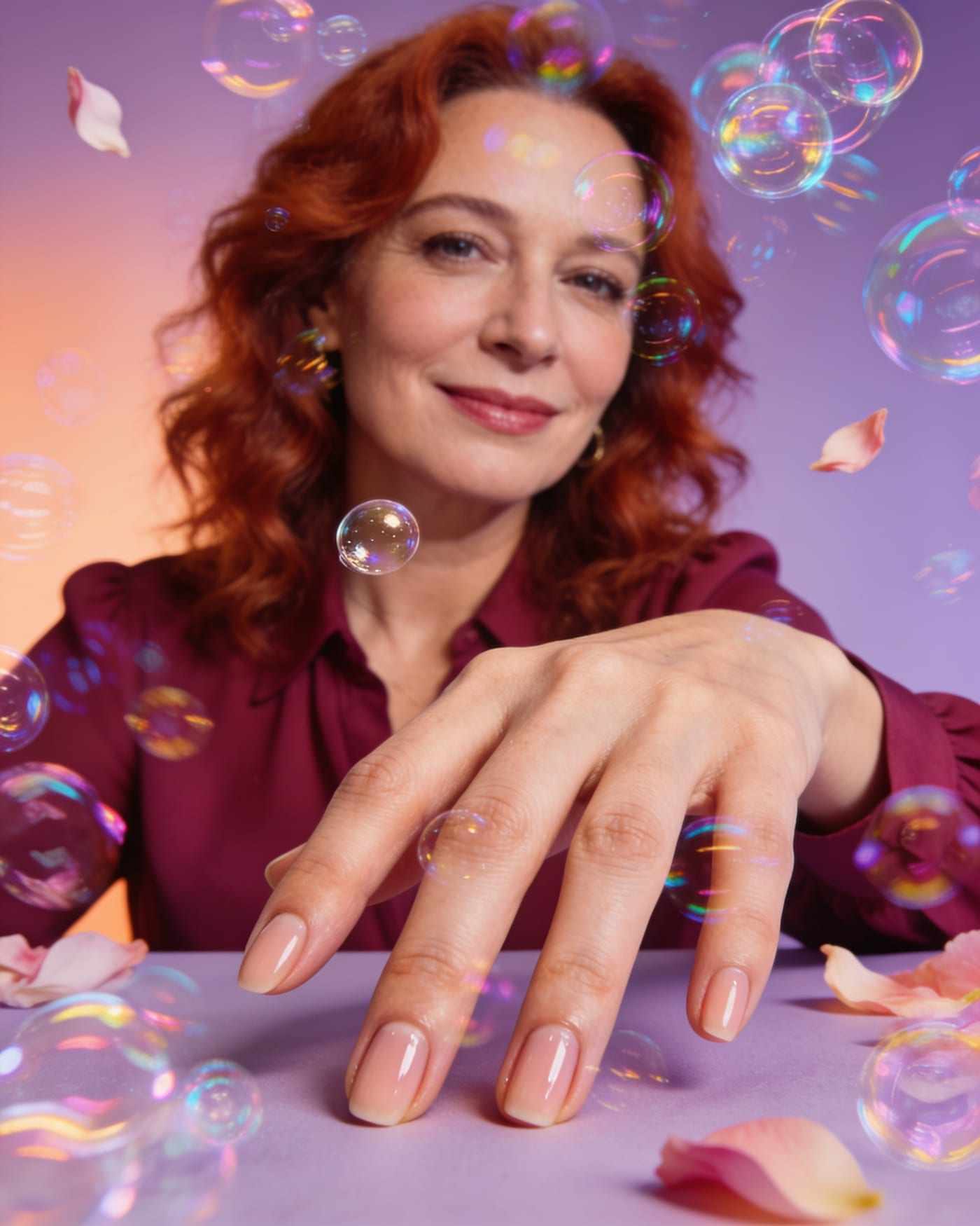 Marisol, a woman with wavy red hair in a plum blouse, resting her hands with nude nails on a glass table among bubbles.