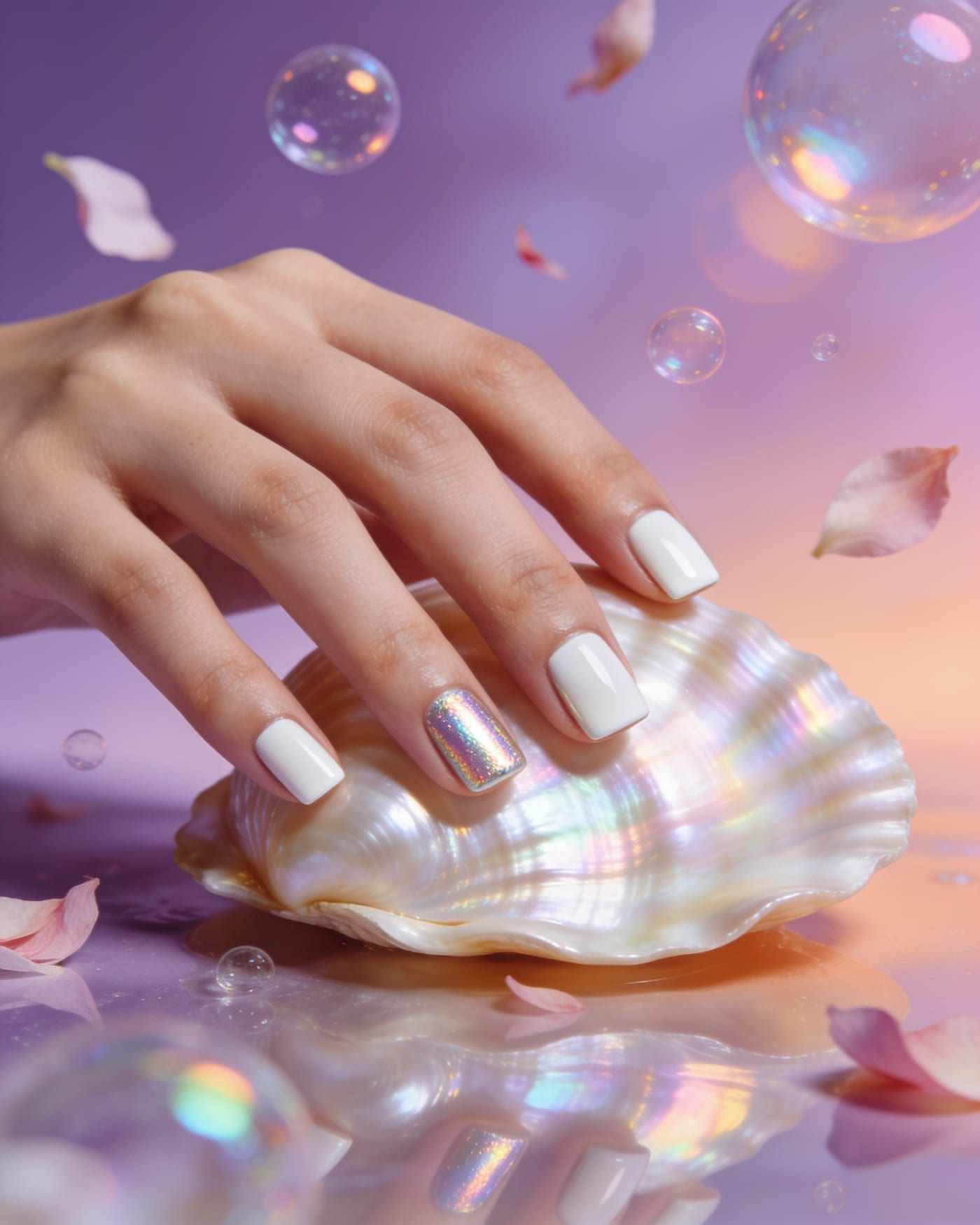 Short square milky white nails with one pearly chrome nail, a hand resting on an iridescent shell.