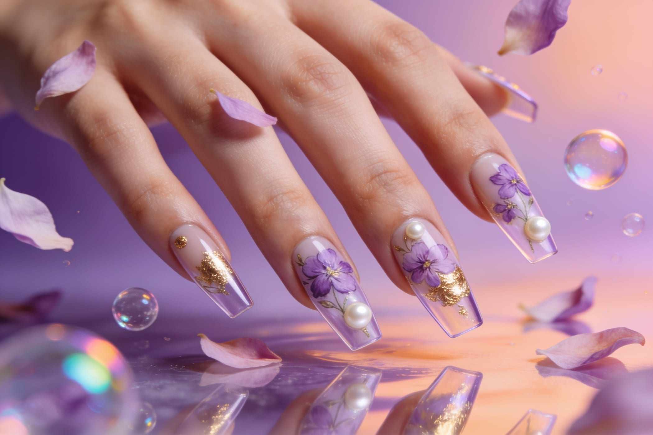 A nail artist painting tiny flowers onto a sage green nail with a fine brush.
