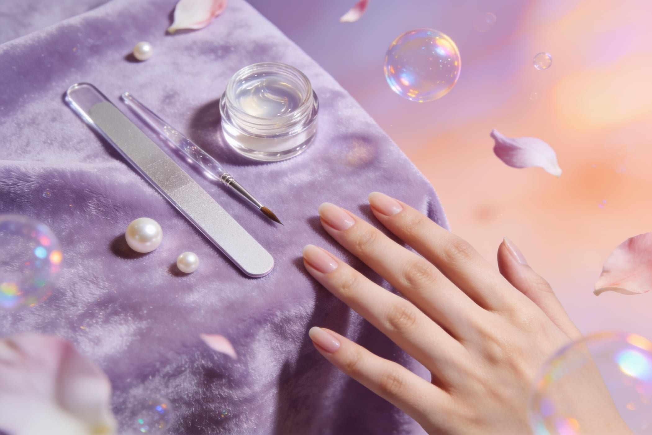 A close view of a nail artist filing a repaired nail to match the others.