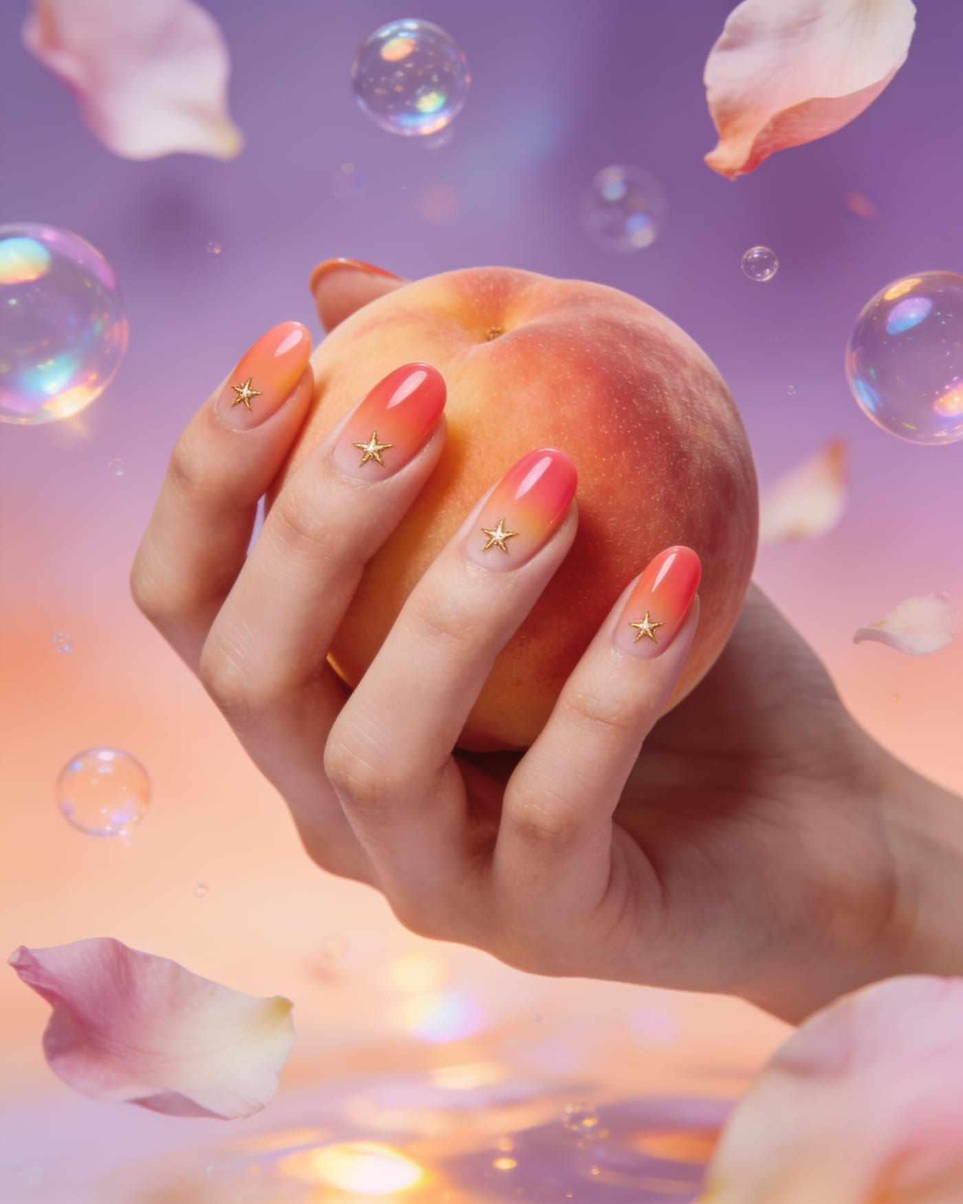 Rounded nails fading from peach to coral with tiny gold stars, a hand holding a ripe peach.