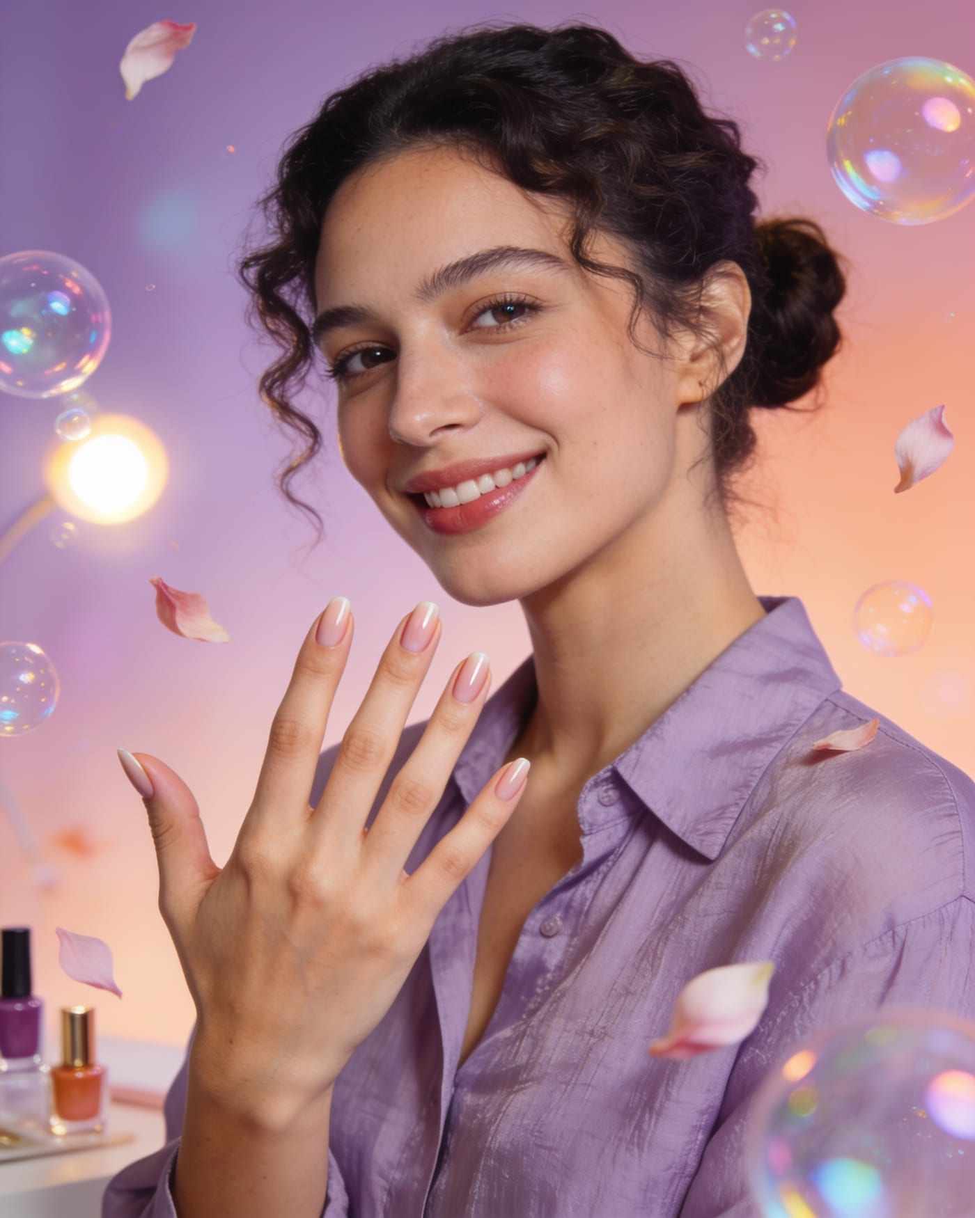 Sienna, a woman with dark curly hair pinned up and a lilac blouse, showing her soft pink nails among floating bubbles and petals.