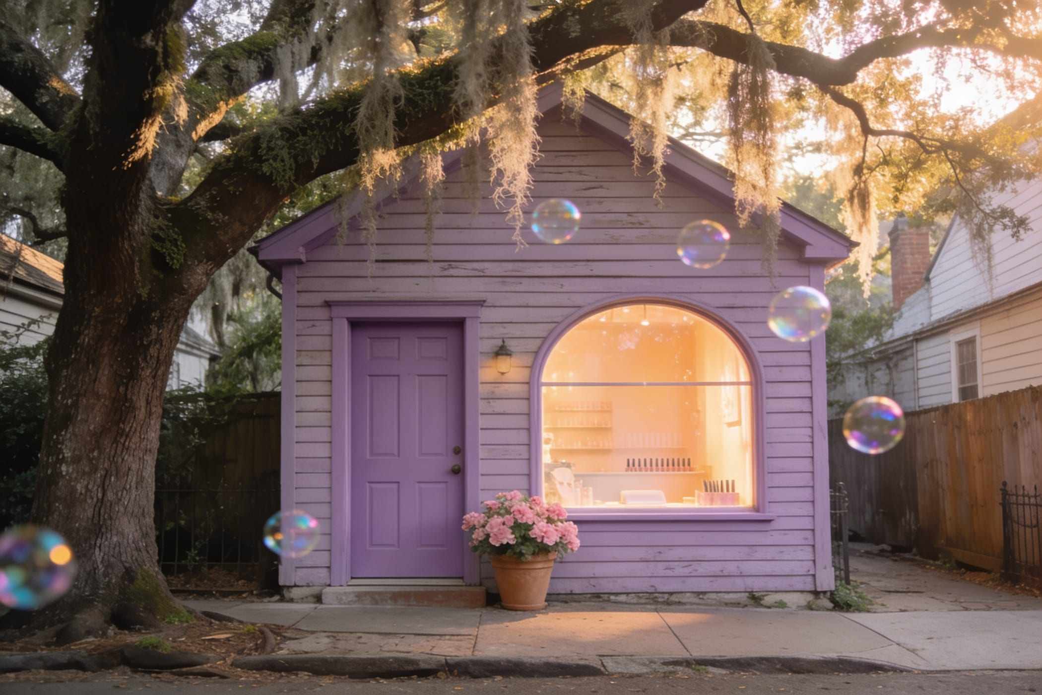 The studio front: a pink door and a bay window with lilac curtains under a magnolia tree.